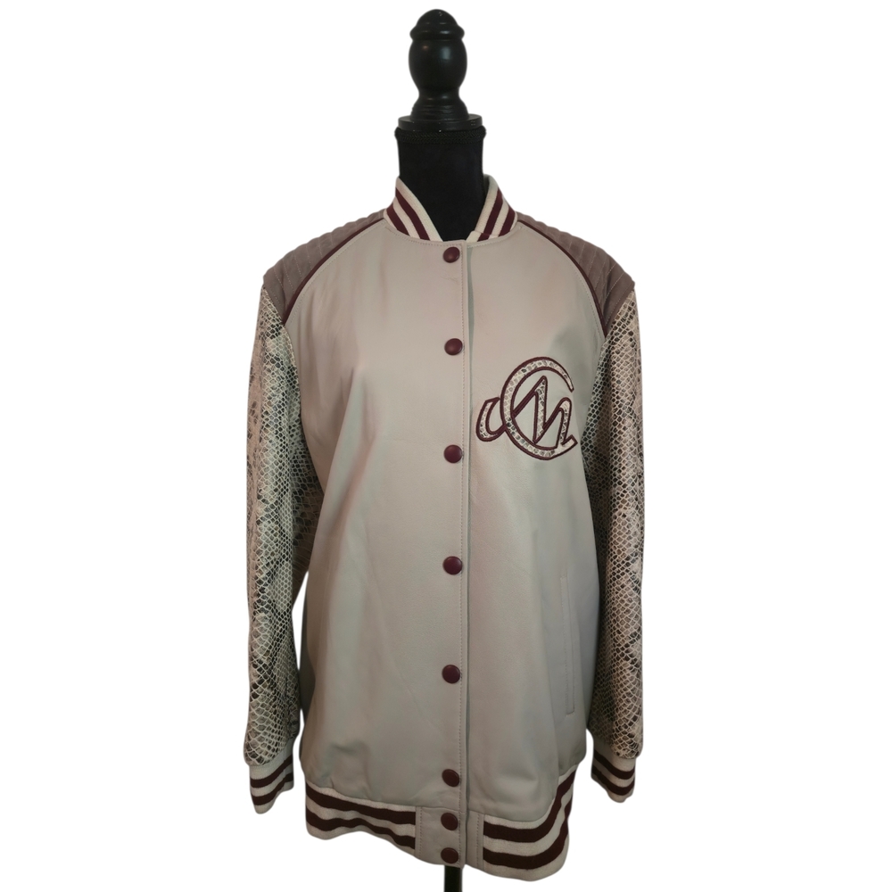 Women's Cream & Taupe Varsity-Style Leather Jacket